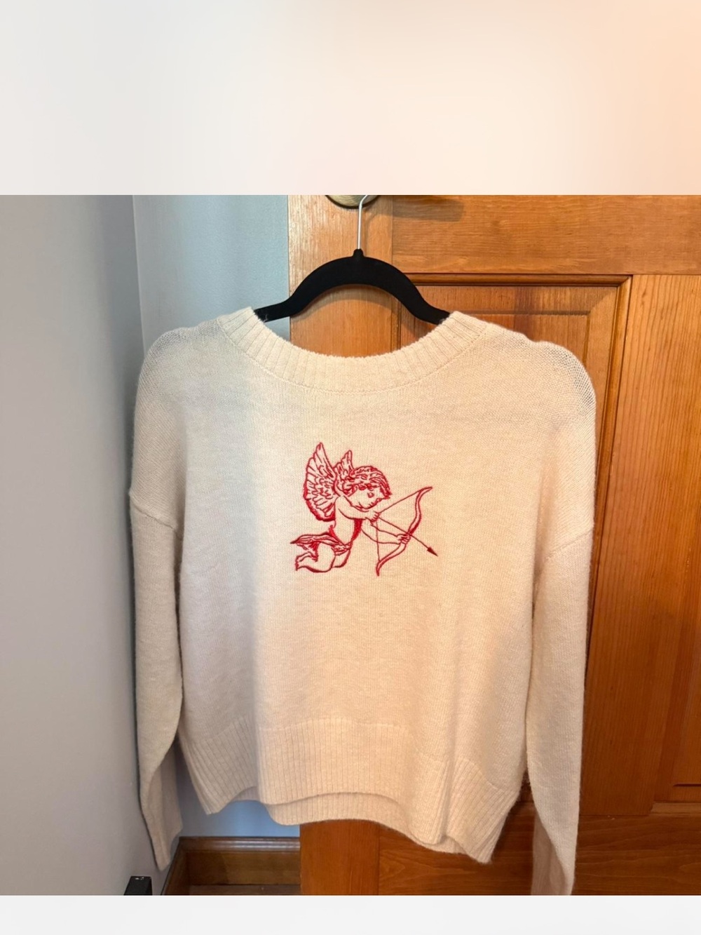 Francesca's Collections Cream Crewneck Sweater with Red Cupid Embroidery